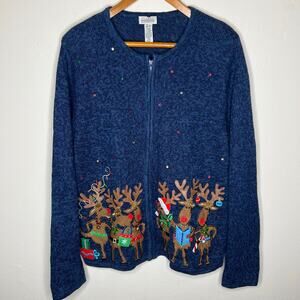 Vtg Classic Elements Sweater Jacket Medium Reindeer Ugly Christmas Full Zip 90s